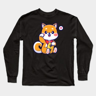 Cute Lucky Shiba Inu Holding Gold Coin Cartoon Long Sleeve T-Shirt